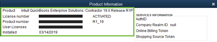 QuickBooks Desktop Product Information Window