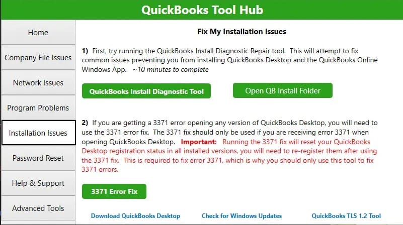 Installation Issues Tab